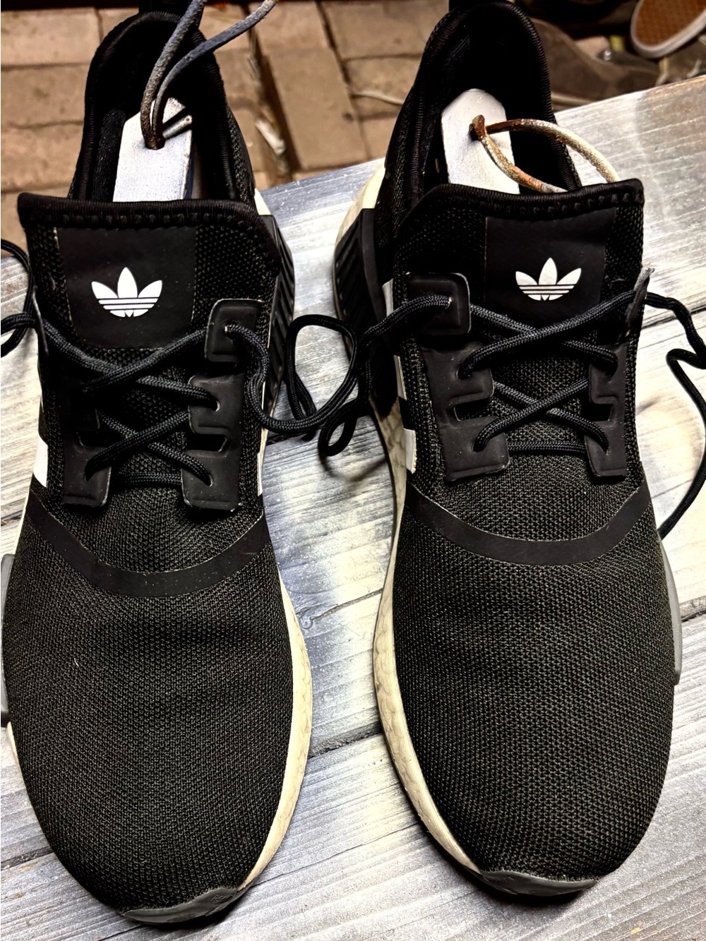 Adidas NMD R1 black sneakers with three white stripes #nmd #boost 10.5